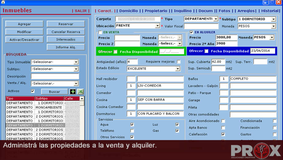 Administra las propiedades a la venta y alquiler